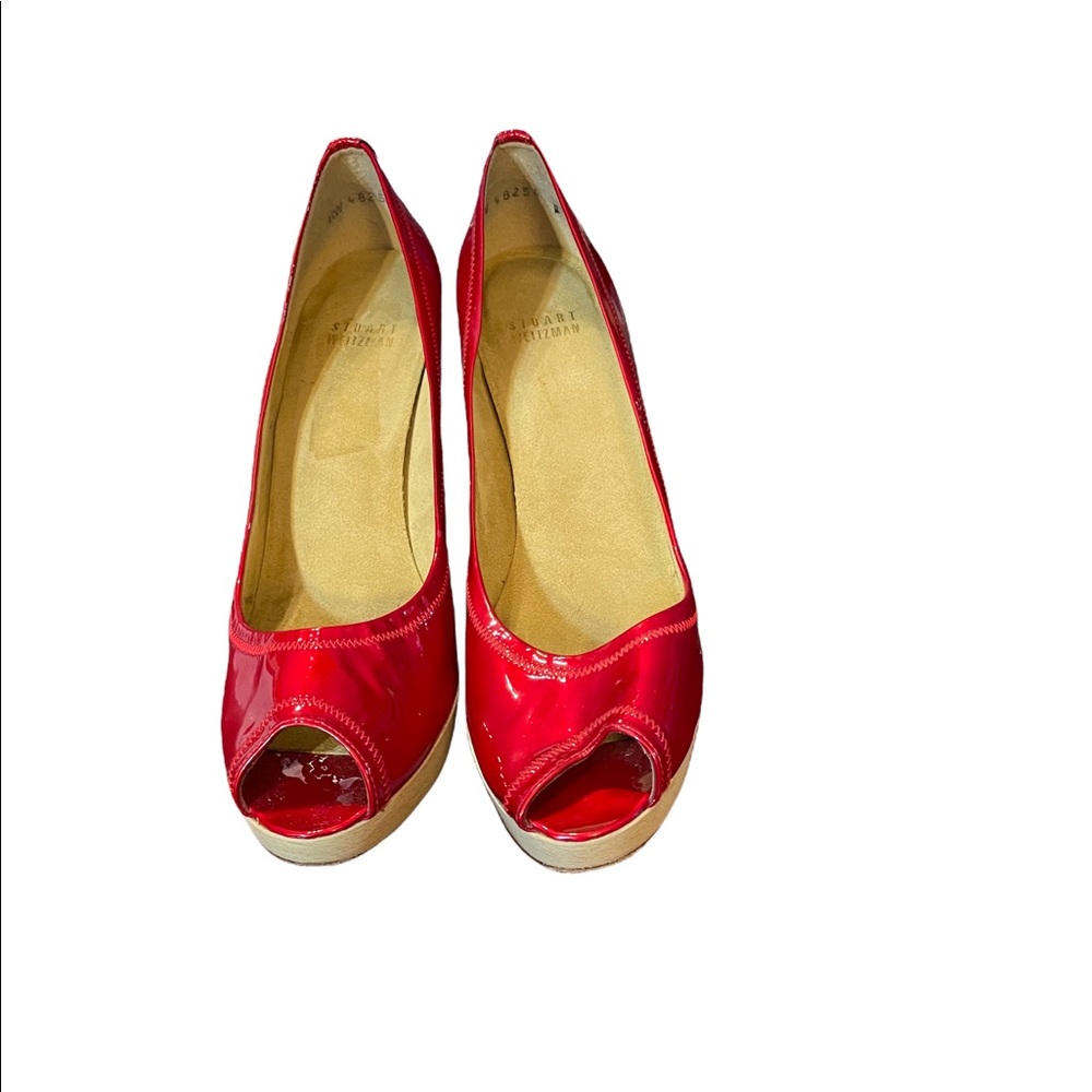 Stuart Weitzman shiny patent leather peep toe red pumps. 8 1/2 Narrow